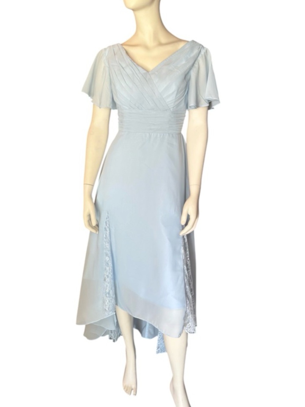 Chiffon V-Neck High-Low Midi Dress with Ruched Bodice & Lace Accents Blue Size 8